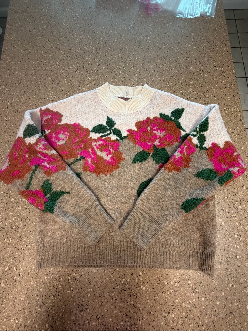 entro Cream and Pink Floral Crewneck Sweater
